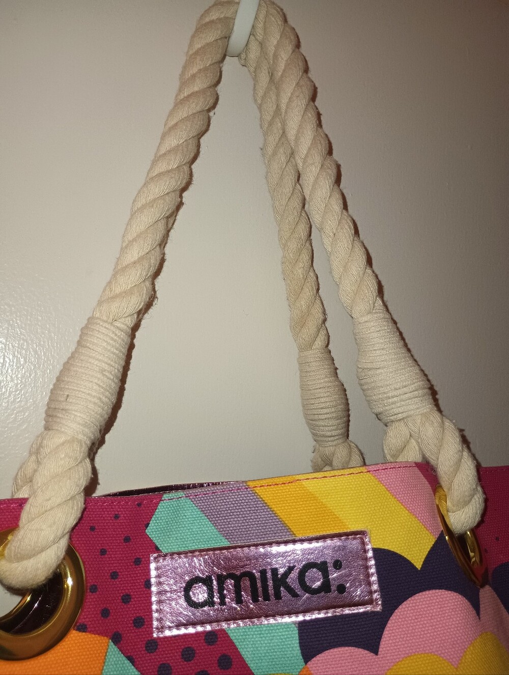 amika Bright Pink Multicolor Graphic Large Canvas Tote Rope Handles Zebra Lining - Picture 6 of 9